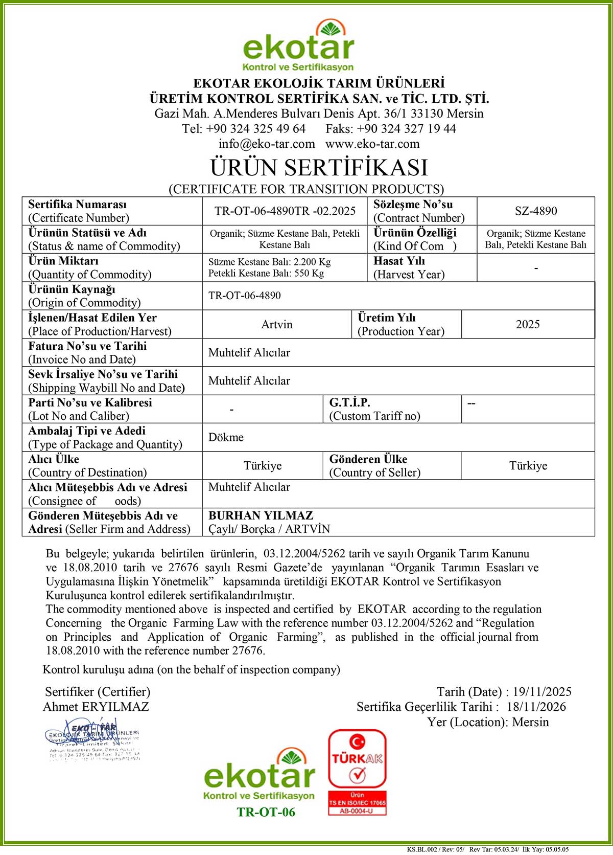 Ekotar Ürün Sertifikası
